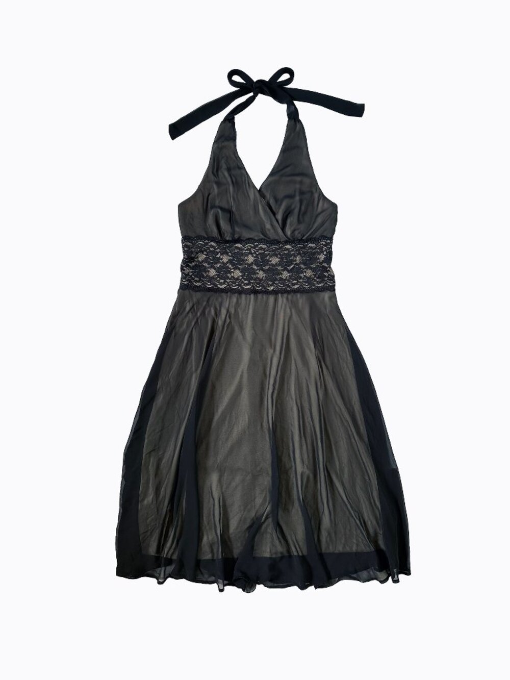 Vtg 90s Connected Apparel Halter Dress S Black Lace Flare Y2K Whimsigoth Vamp